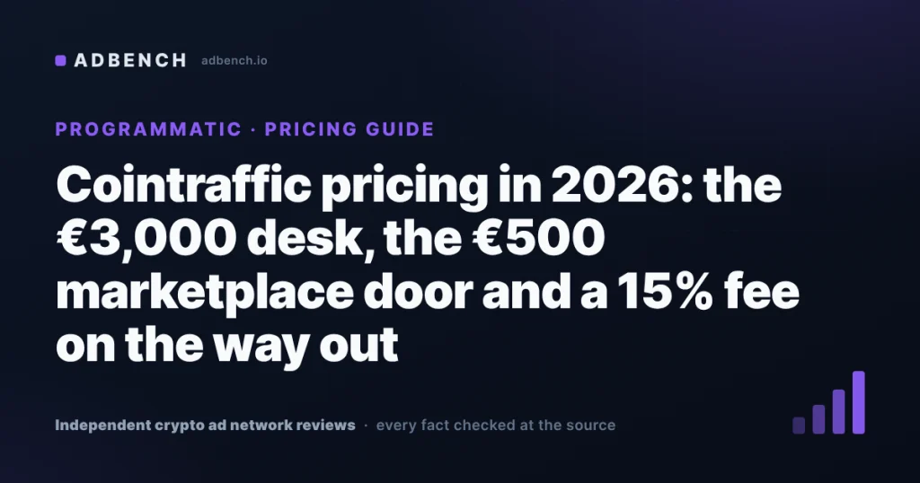 Cointraffic pricing in 2026: a €3,000 managed desk, a €500 marketplace door, CPMs from €1 to €11, and a 15% fee on the way out